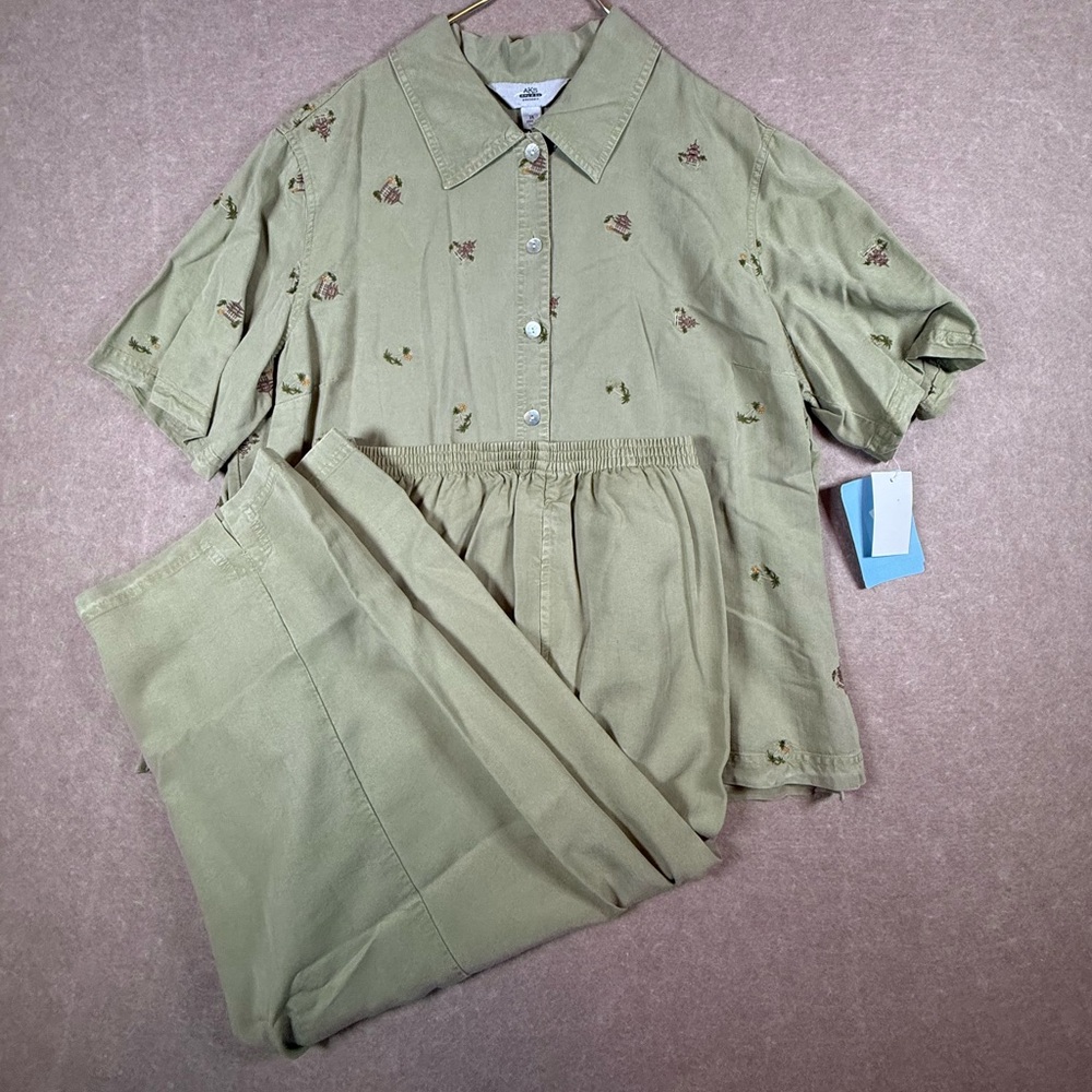 AKS Amy K Su Blouse & Pants 2X 100% Tencel Green Button Up Set